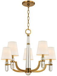 Dayton 5 Light Chandelier With White Fabric Shades in Aged Brass.